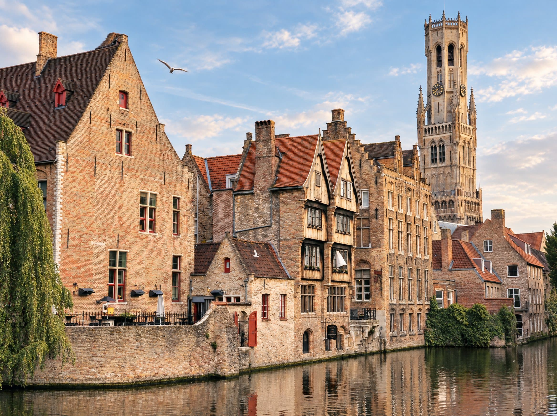 Le quai du Rosaire à Bruges et le beffroi